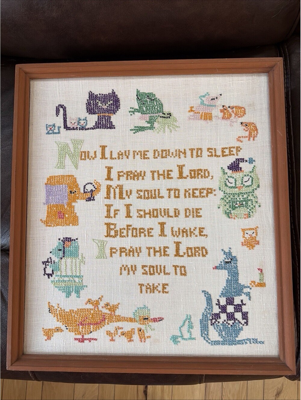 Vintage Now I Lay Me Down to Sleep Embroidery Cross Stitch Picture Framed Prayer